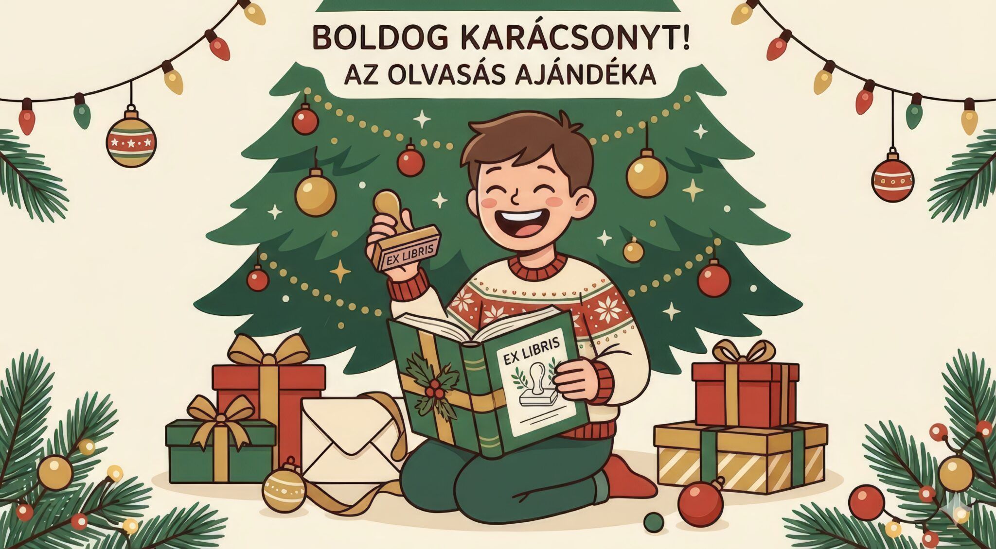 Boldog fiú ex libris pecséttel és könyvvel a karácsonyfa alatt – személyre szabott karácsonyi ajándék könyvmolyoknak.