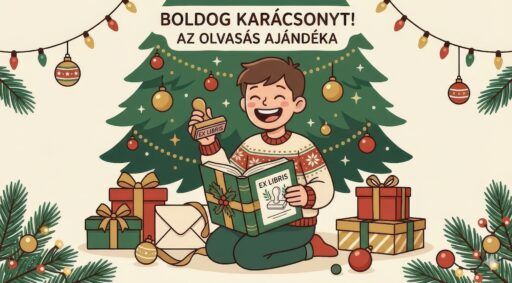 Boldog fiú ex libris pecséttel és könyvvel a karácsonyfa alatt – személyre szabott karácsonyi ajándék könyvmolyoknak.